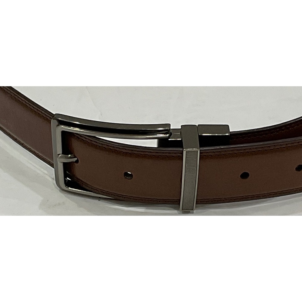 PERRY ELLIS men's reversible leather belt size 38 brown black silver buckle‎